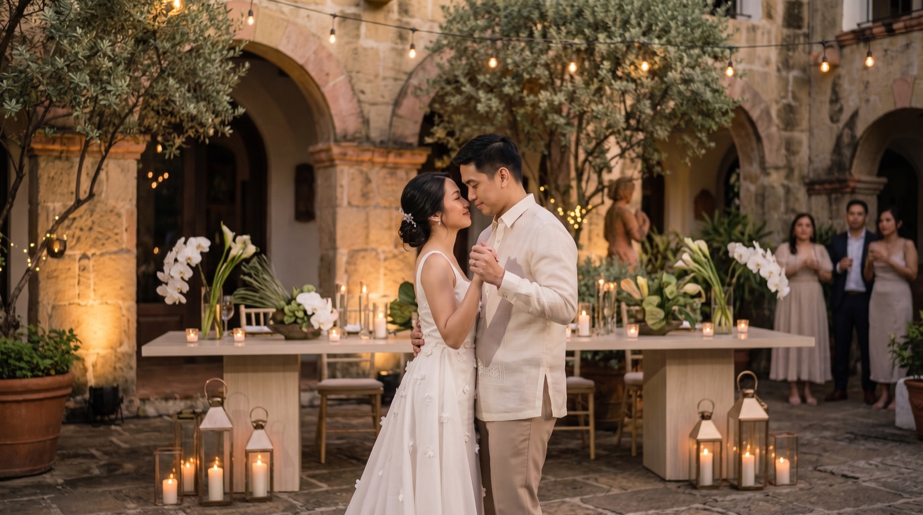 An evening reception under string lights