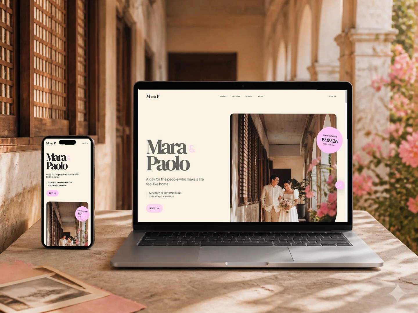 Keepsake wedding template shown on laptop and phone